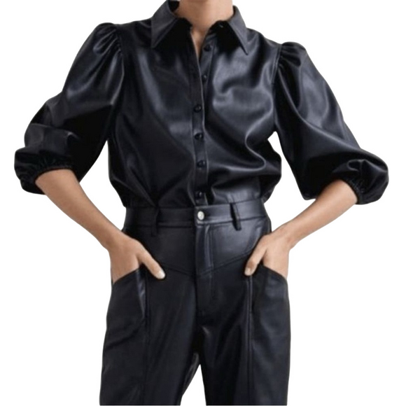 Zara Tops - Zara Faux Leather Black Button Up Puff Sleeve Blouse Jacket. Size Large.
